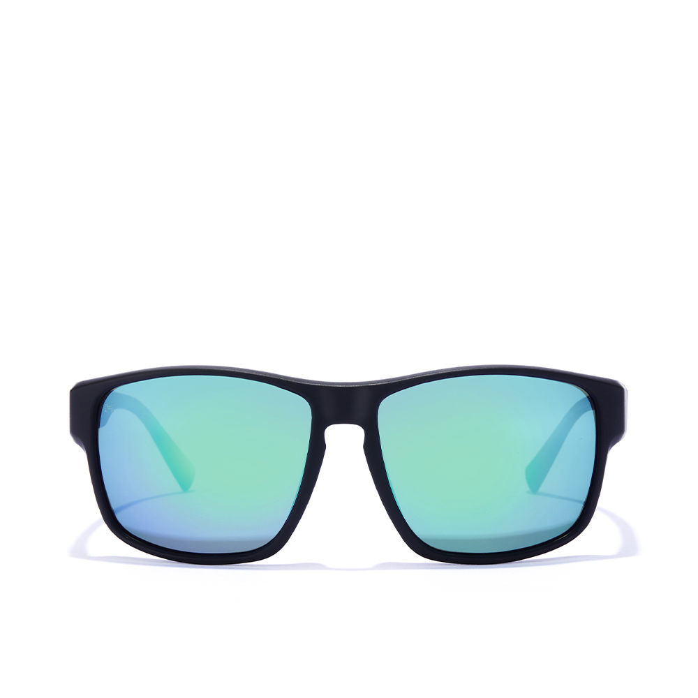 Matte black wrap sunglasses with emerald‑blue mirrored polarized lenses, Unisex sporty frame