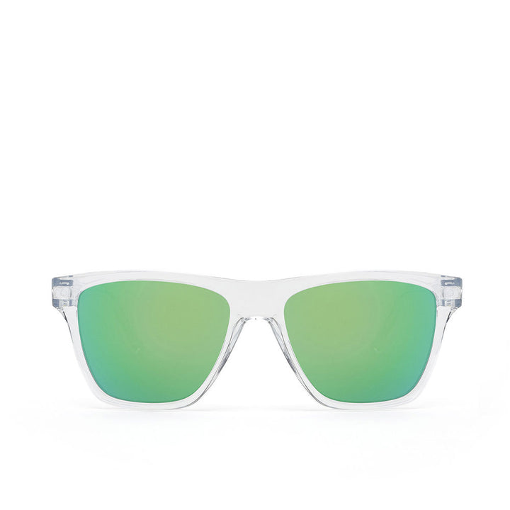 Transparent square sunglasses with mirrored green lenses, Unisex, included pouch and box
