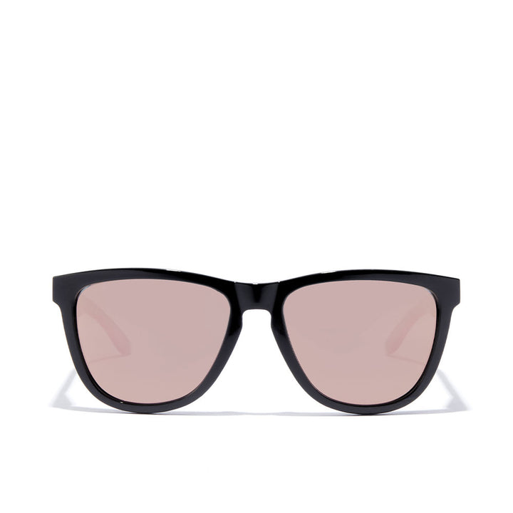 Unisex square black acetate sunglasses with polarised lenses and rose-gold metal detail