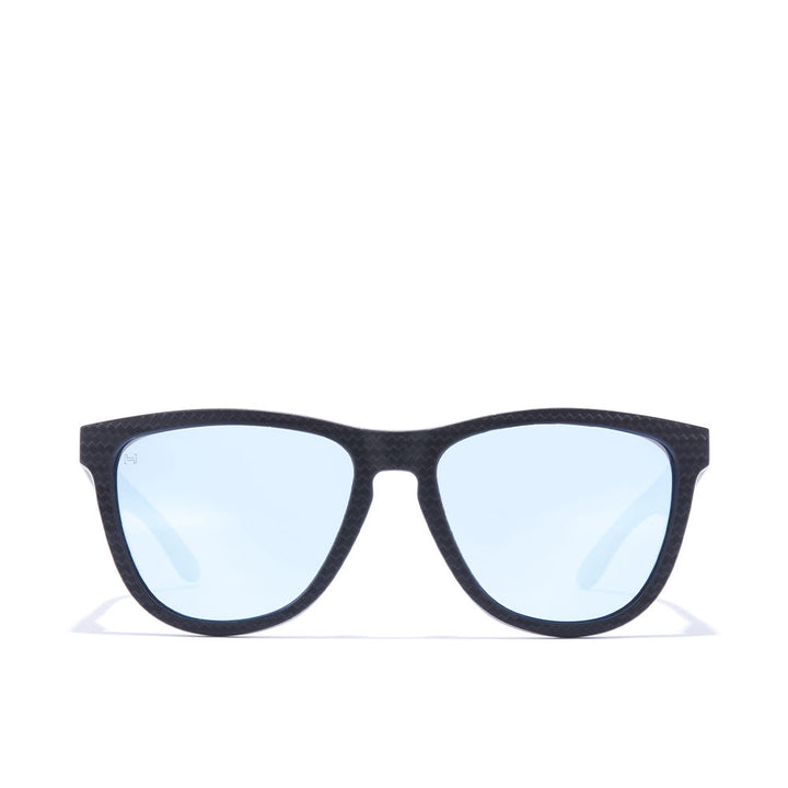 Square black TR90 sunglasses with diagonal graphite sheen and blue chrome polarised lenses