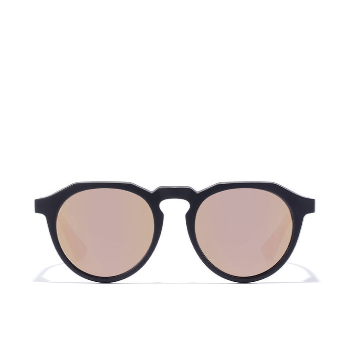 Unisex round black nylon sunglasses with polarised lenses and rose-gold accents
