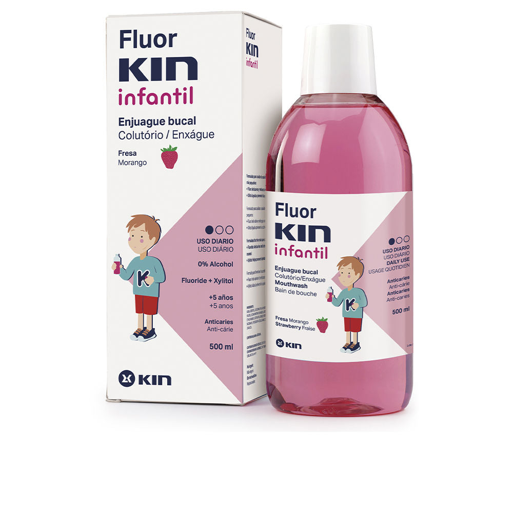 Bottle of Kin Fluorkin children's fluoride mouthwash for cavity protection