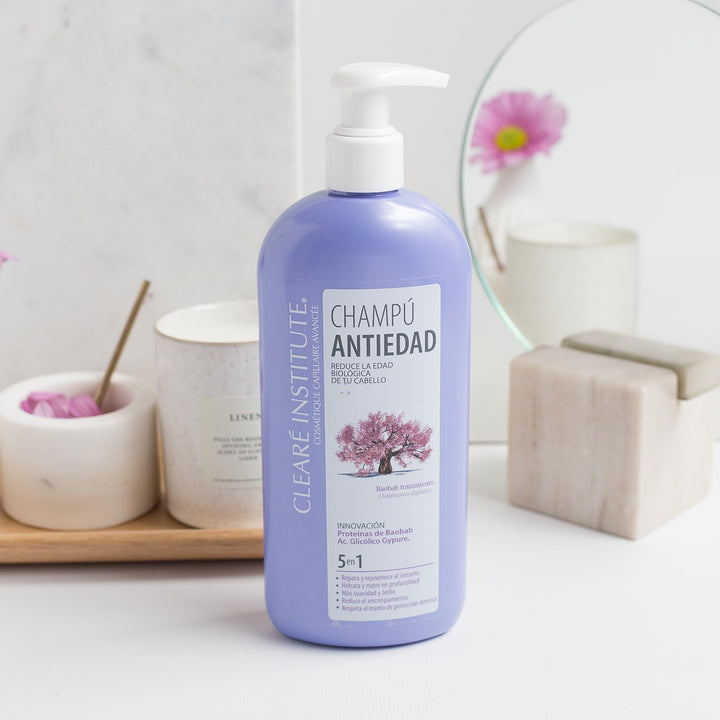 400 ml baobab anti‑age shampoo bottle, neutral label, women hair care