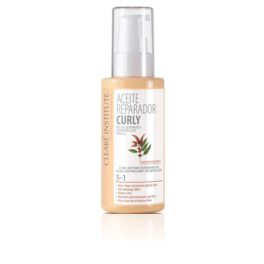 50 ml glass bottle of lightweight curl repair oil with botanical oils