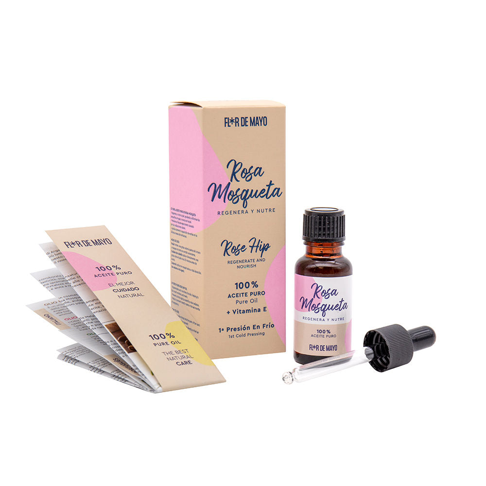 20 ml glass dropper bottle of Rosa Mosqueta facial oil, amber liquid