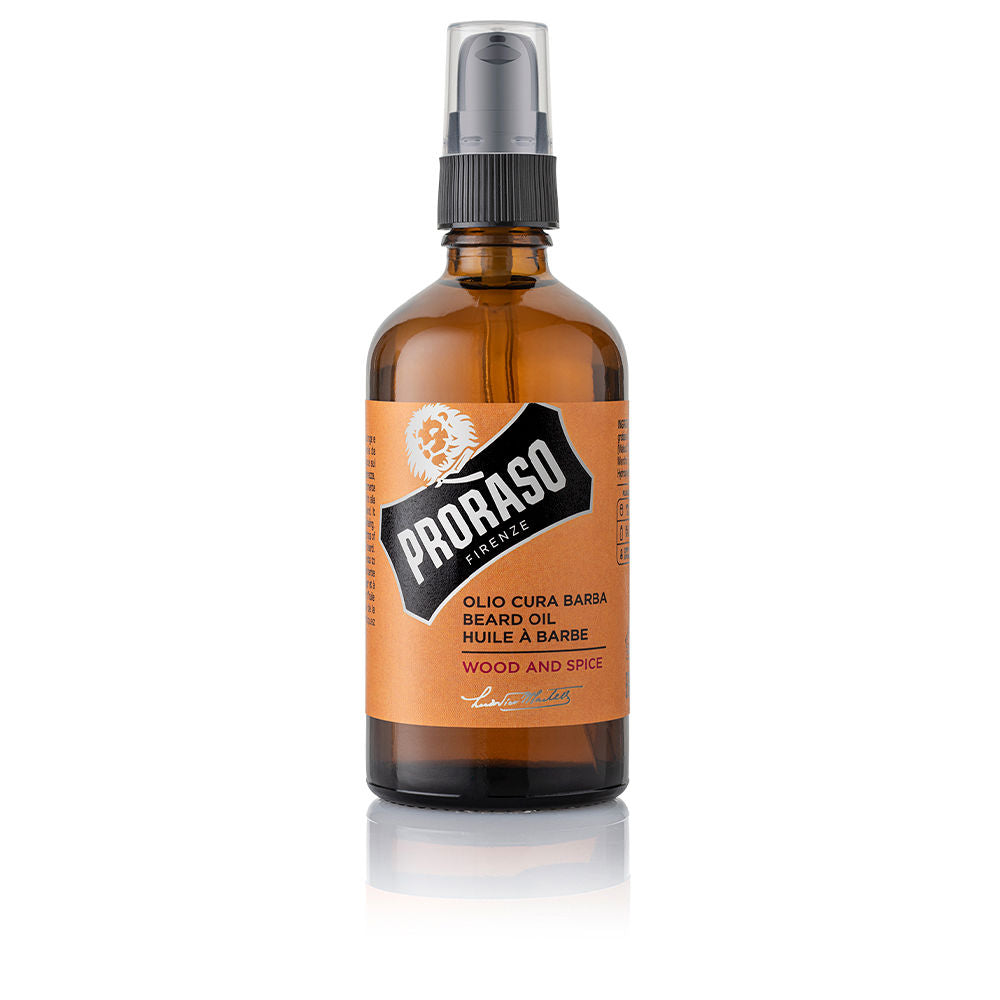 100 ml amber bottle of Wood &amp; Spice beard oil with warm-wood fragrance notes