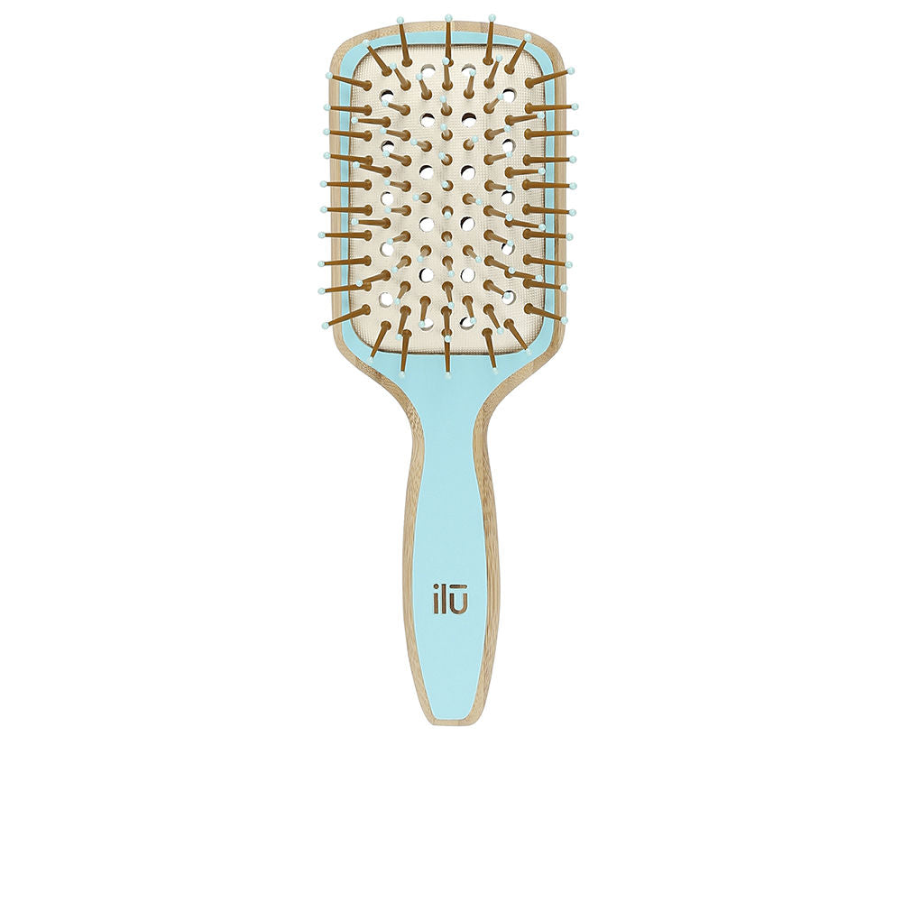 Compact bamboo paddle brush with vented cushion and rounded pins, ergonomic handle