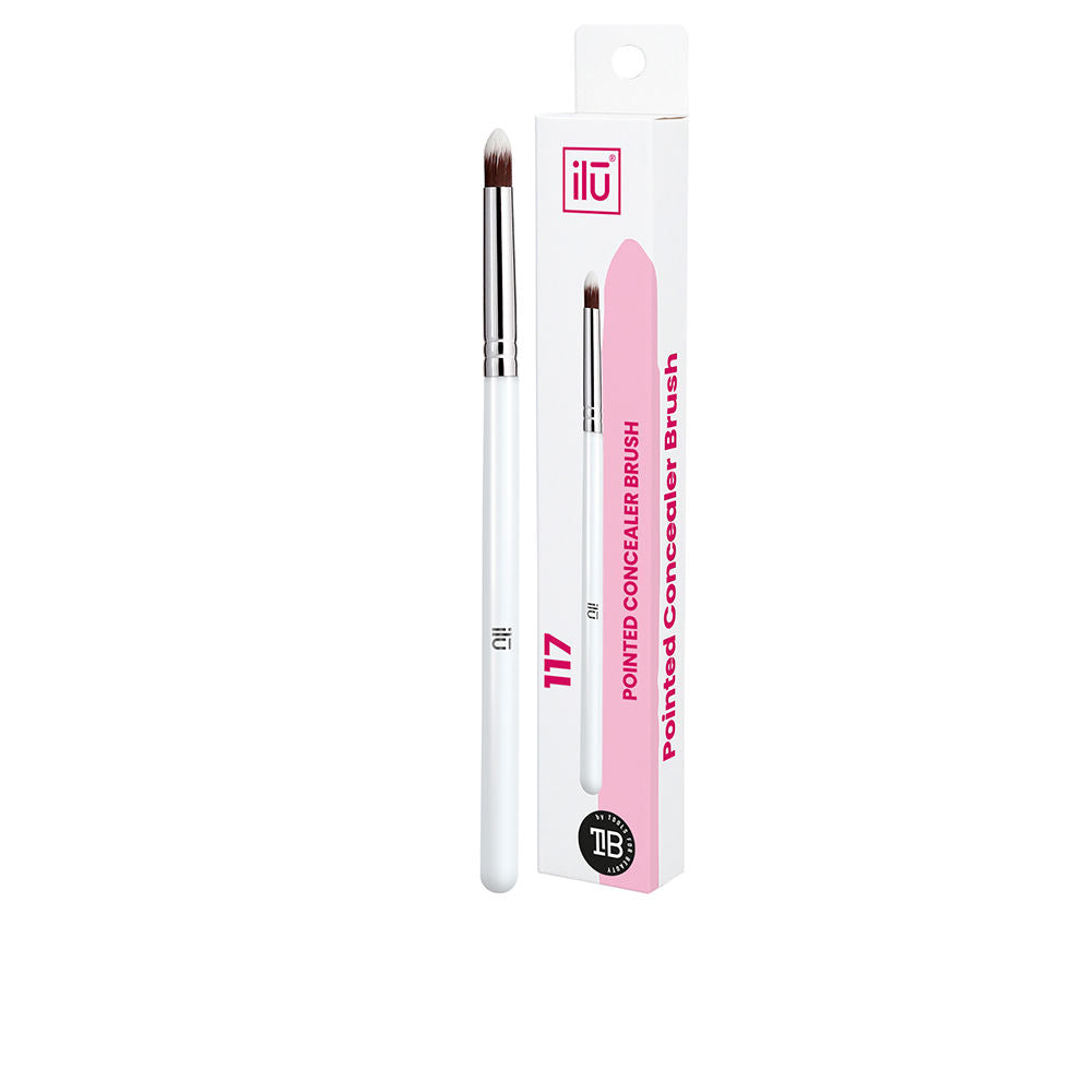 Tapered concealer brush with white lacquered handle and copper ferrule, synthetic taklon fibres
