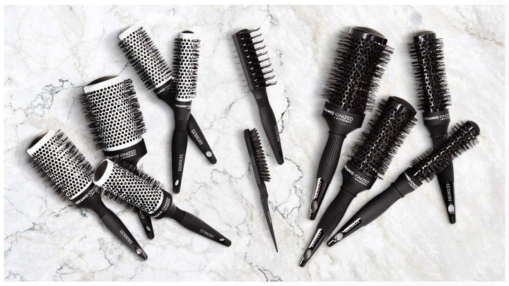 33 mm ceramic round styling brush with nylon bristles and lightweight handle