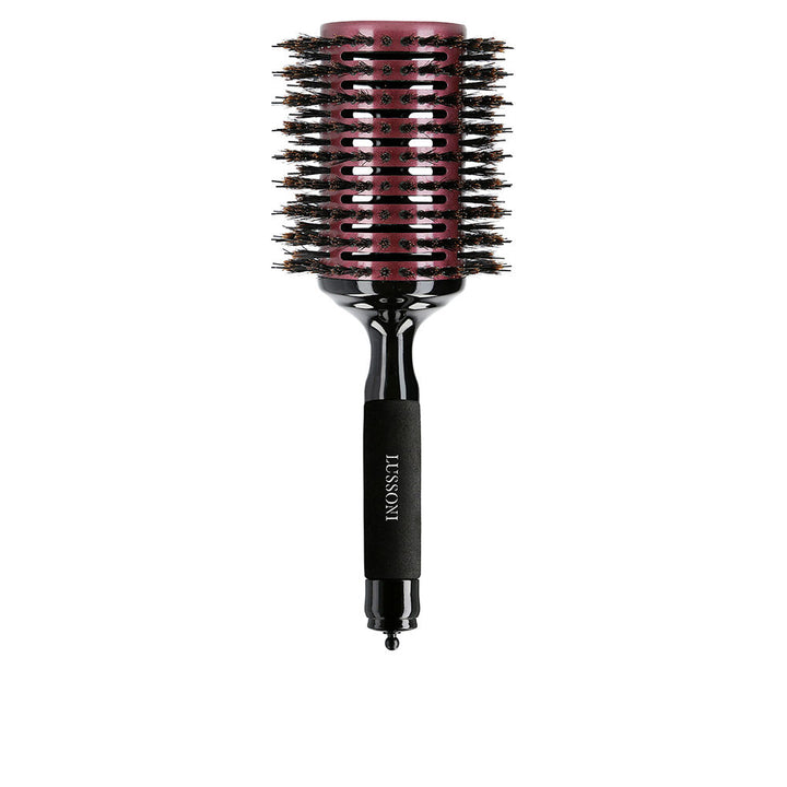 Round beechwood hairbrush with hollow vent barrel, boar and nylon bristles, removable pin