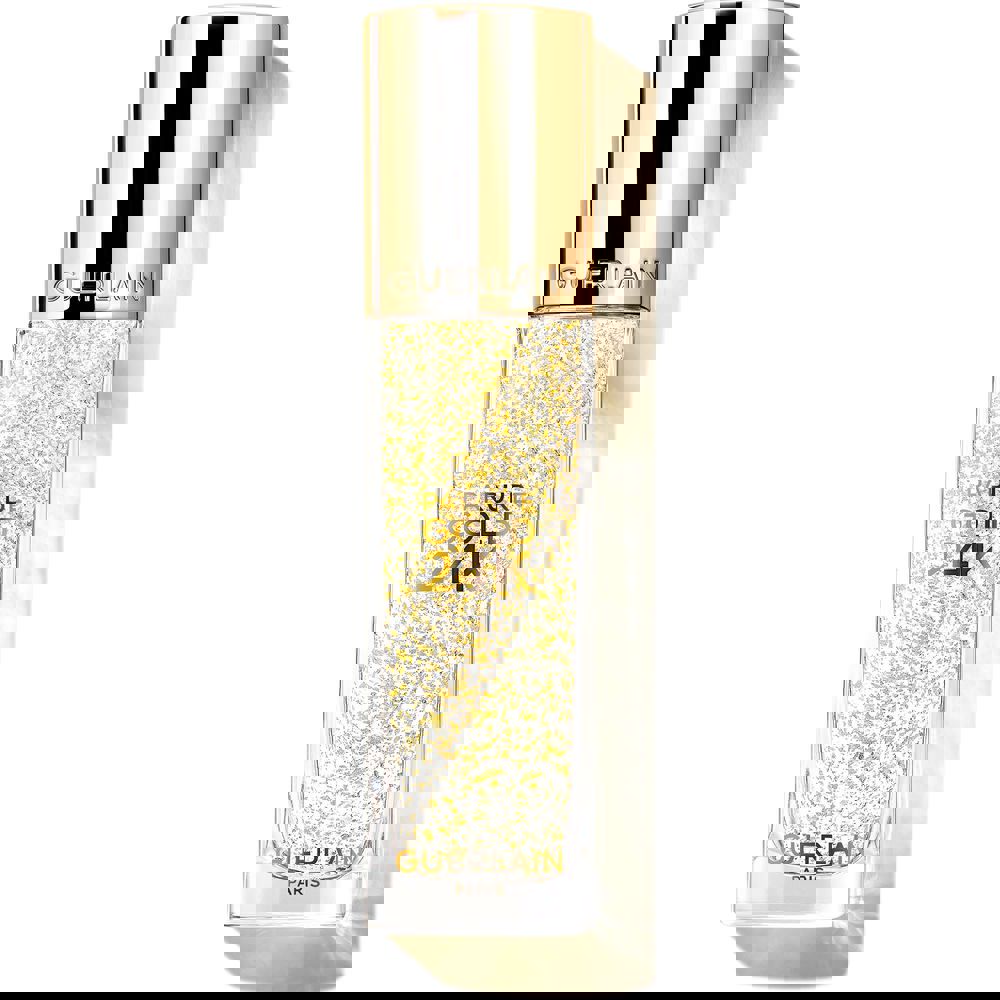 30 ml glass bottle of gel foundation with 24K gold shimmer, pump dispenser