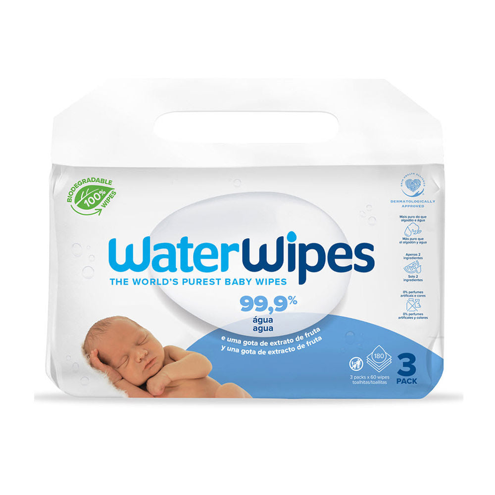 Pack of WaterWipes baby wipes labeled 99.9% water for sensitive skin