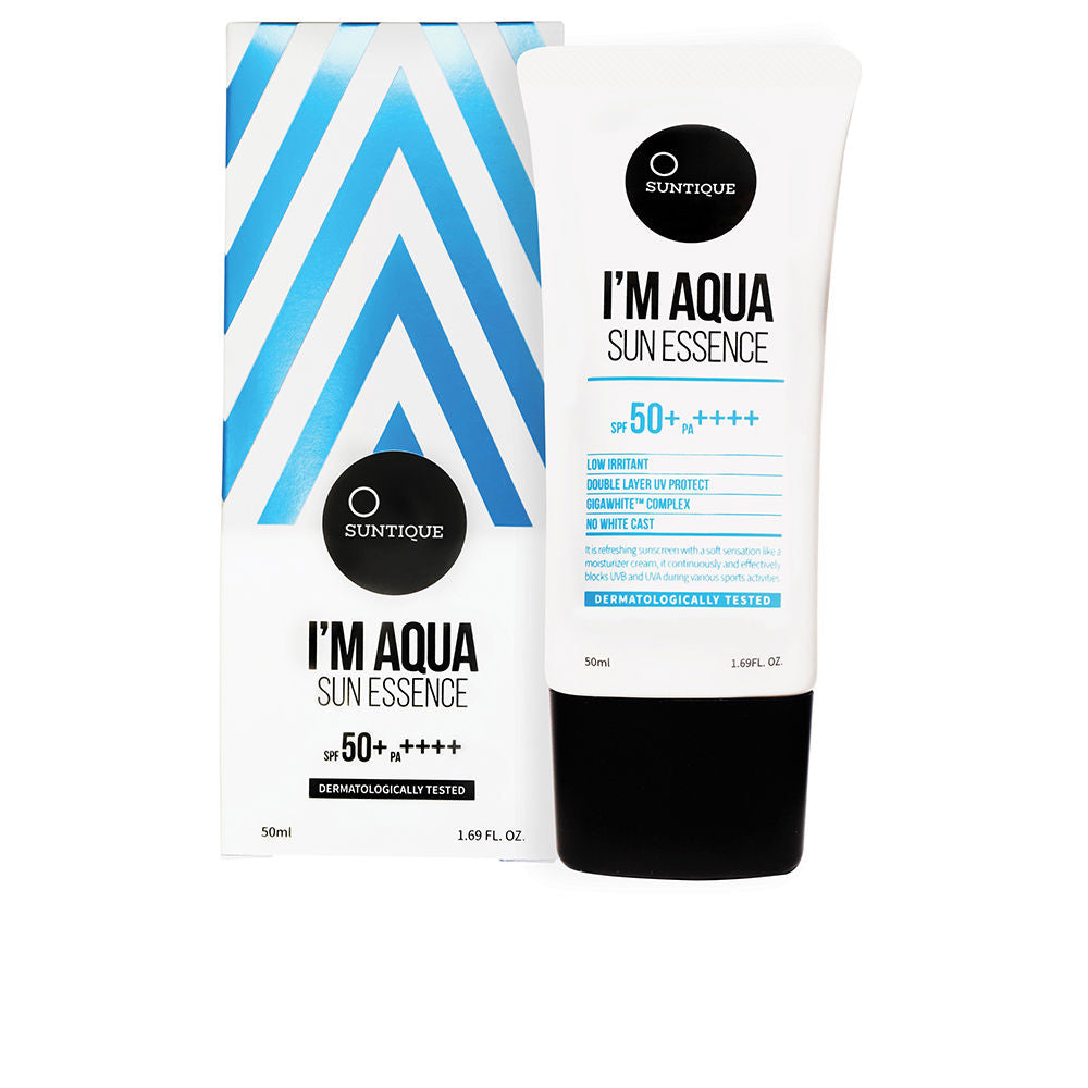 50 ml clear aqua sunscreen bottle, lightweight essence, SPF50+ protection