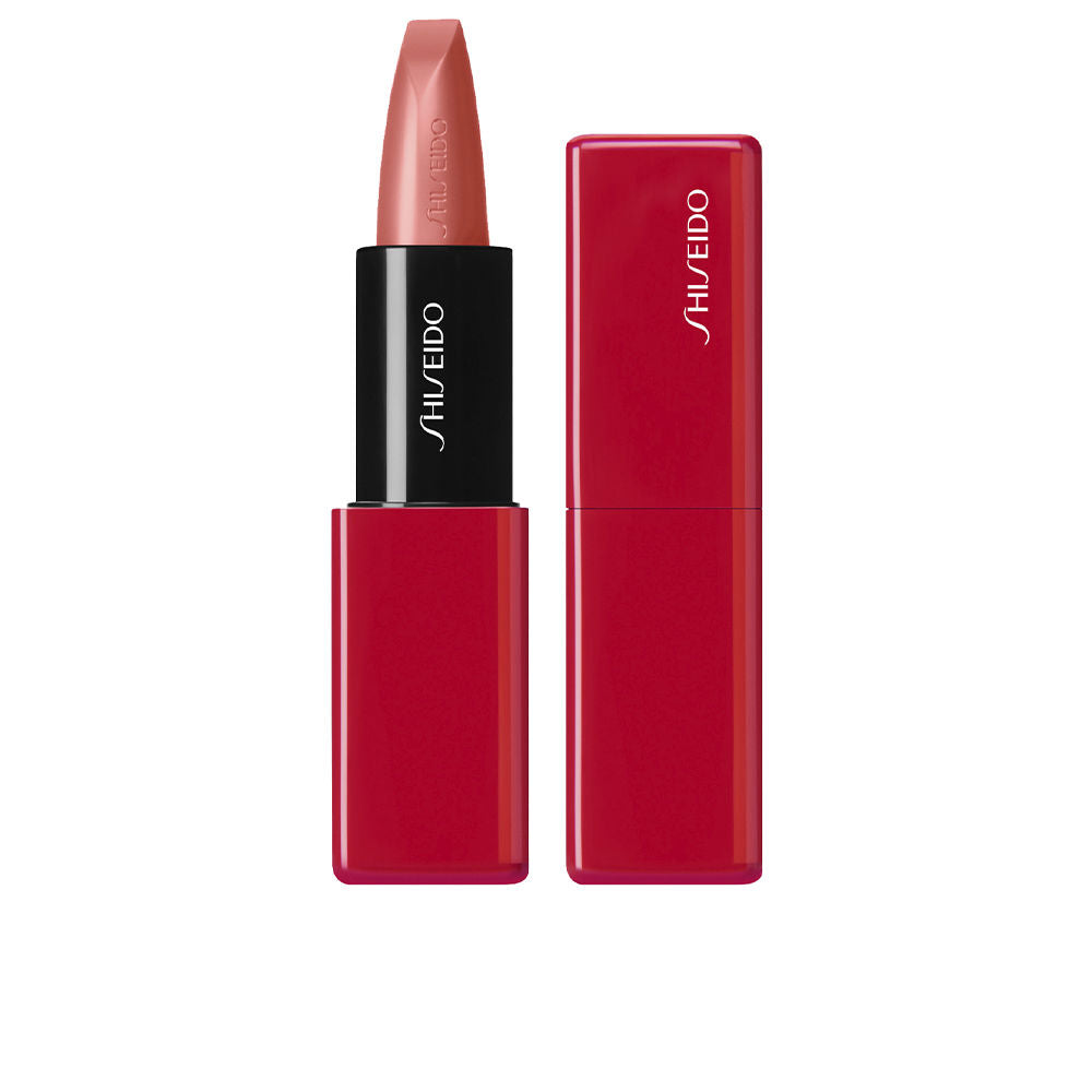 Slim bullet lipstick in muted red, contoured applicator visible, 3.3 g tube