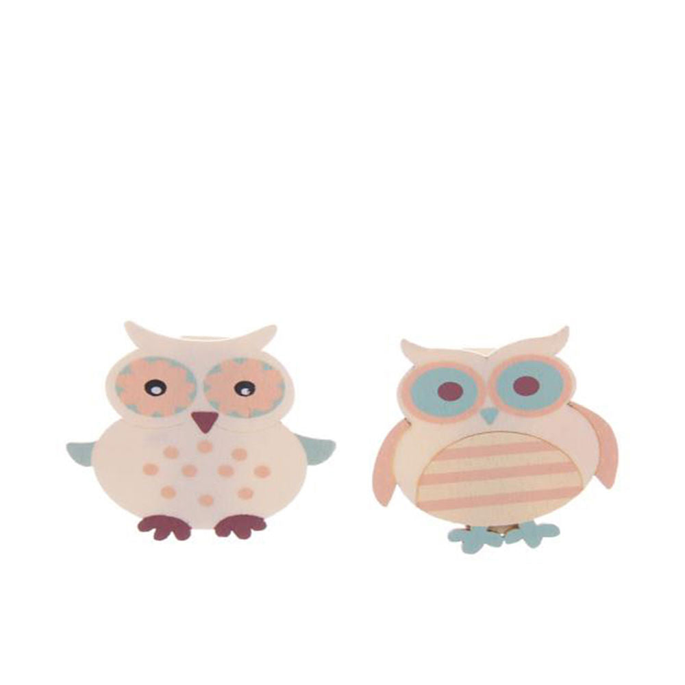 Inca Pair of wooden owl figurines in cream, light blue, peach, maroon with patterned eyes and bellies