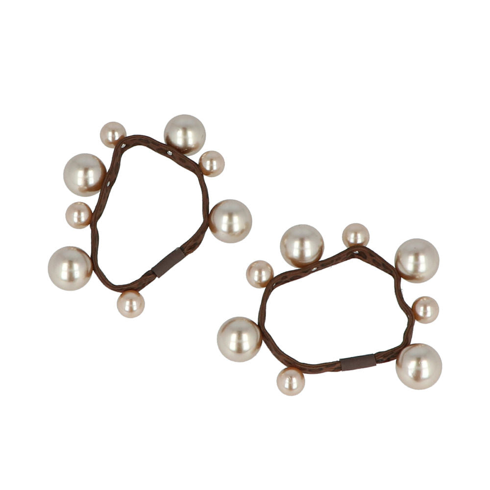 Inca Set of two brown animal-print elastic hair ties with twisted bands and varied pearl beads