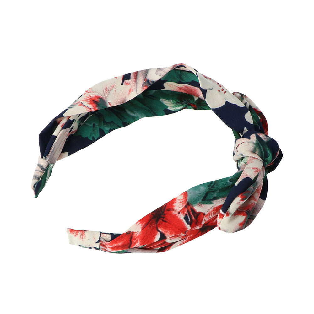 Red, green, navy and white fabric headband with floral print and knotted signature bow, Inca
