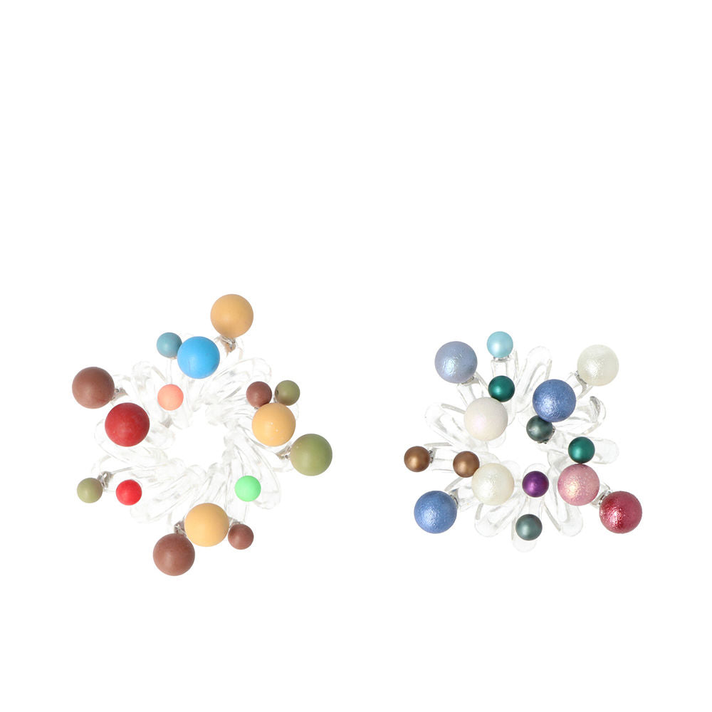 Inca Two multicolor spiral phone-cord hair ties with clear resin bases and mixed matte and shiny beads.