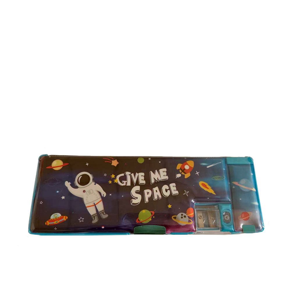 Blue rigid pencil case with space motifs, three compartments, compact Unisex design