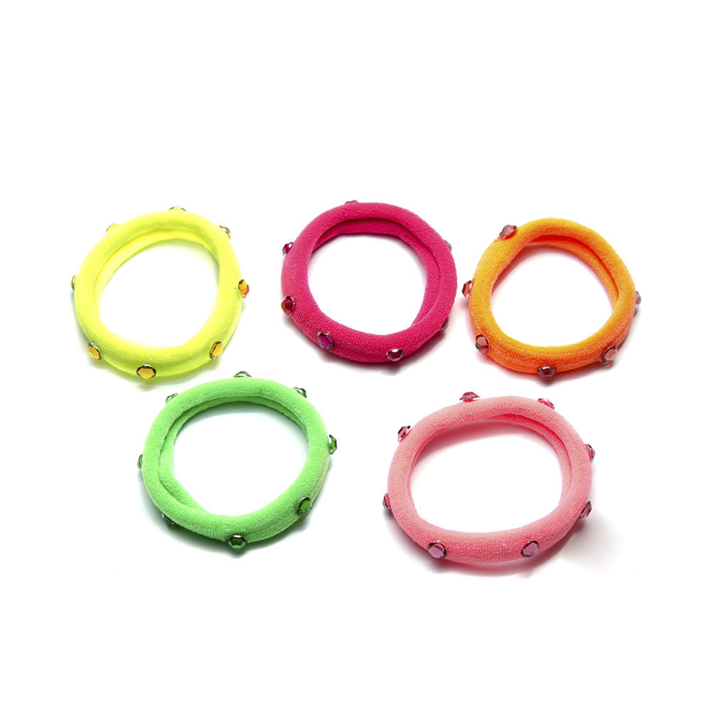 Five fabric hair ties in yellow, pink, orange, green, light pink with circular shape and decorative gems from Inca