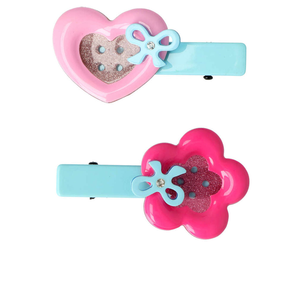 Inca Four plastic mini hair clips in pinks and light blue with heart, flower, bow, glitter, rhinestone accents