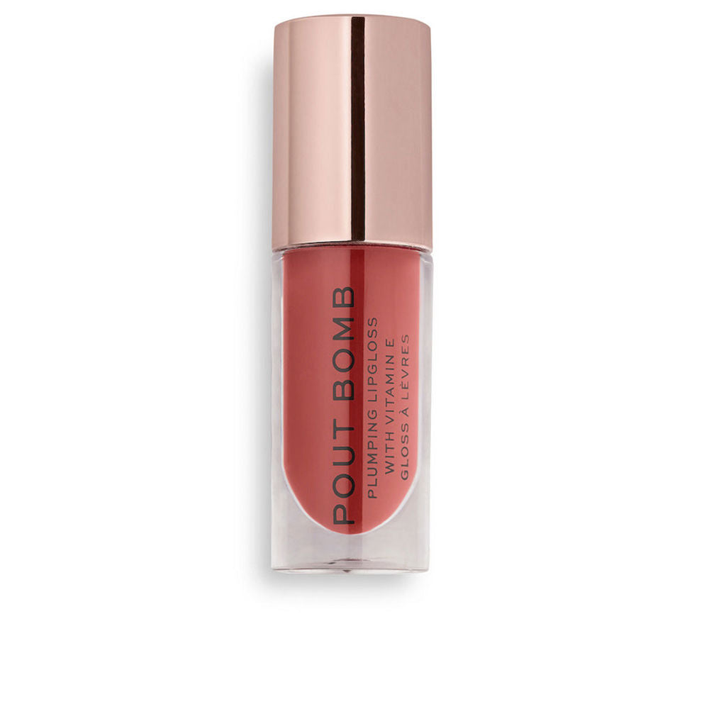 Peach-tinted volumising lip gloss in a clear travel tube, glossy finish