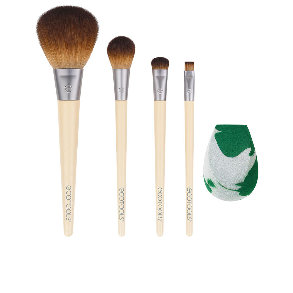Ecotools Set of four wooden-handled brushes with two-toned brown bristles, silver ferrules, and green-white sponge