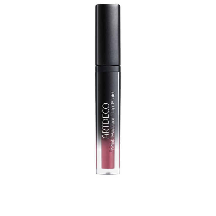 Slim tube of matte lip fluid in deep plum with angled applicator visible