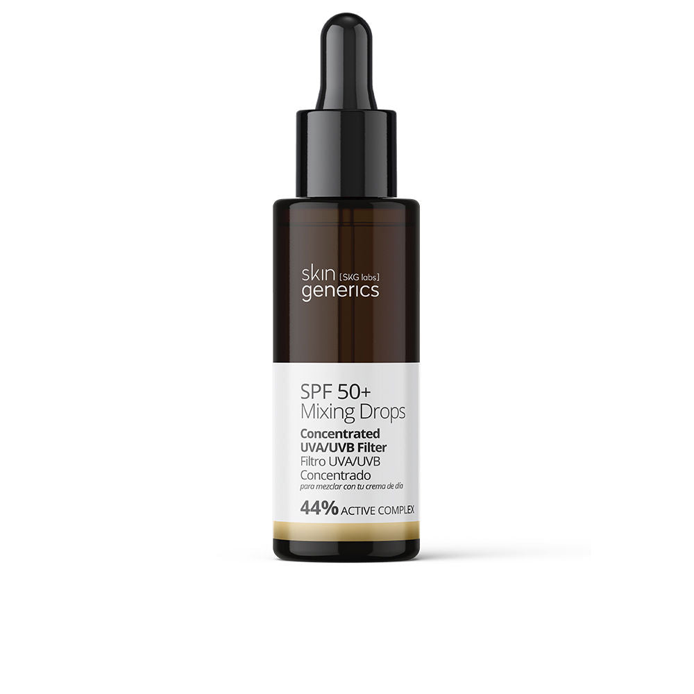 Clear 30 ml facial sun serum bottle labelled SPF50+, lightweight texture, Unisex