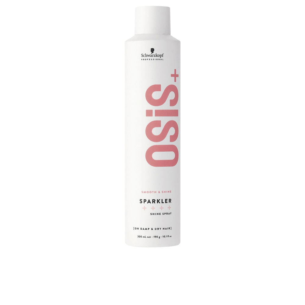 Clear spray bottle labelled Shine Spray, 300 ml, glossy hair finish