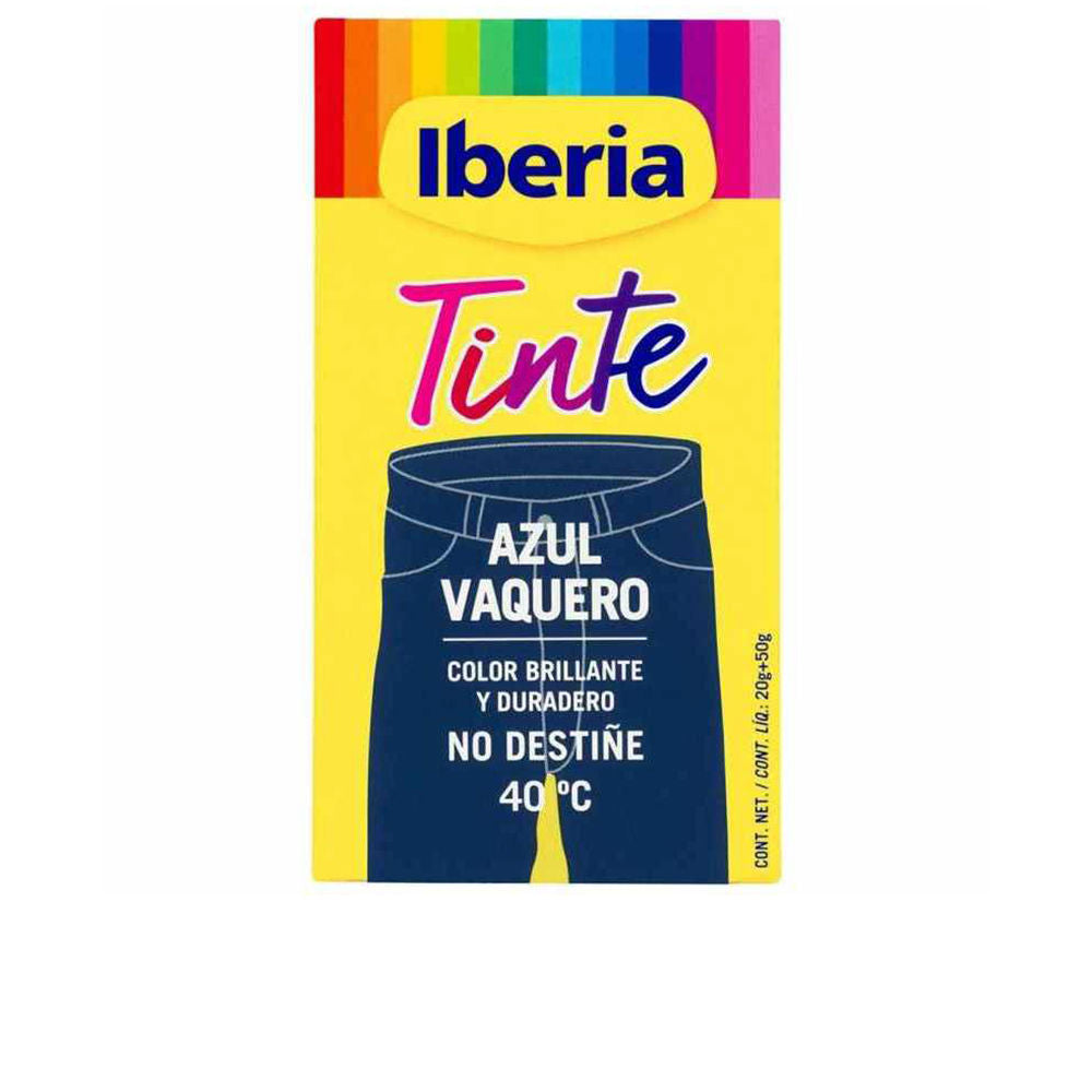 Iberia Colorful sachet showing yellow and blue rainbow stripes with illustrated blue jeans, crisp bright design
