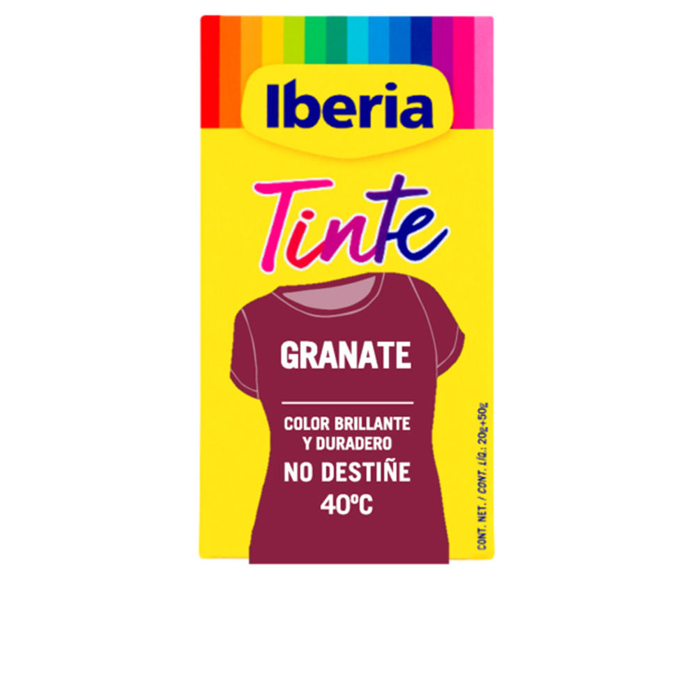 Bright yellow label with rainbow top strip, maroon product name, t‑shirt illustration and bold descriptive text, brand Iberia