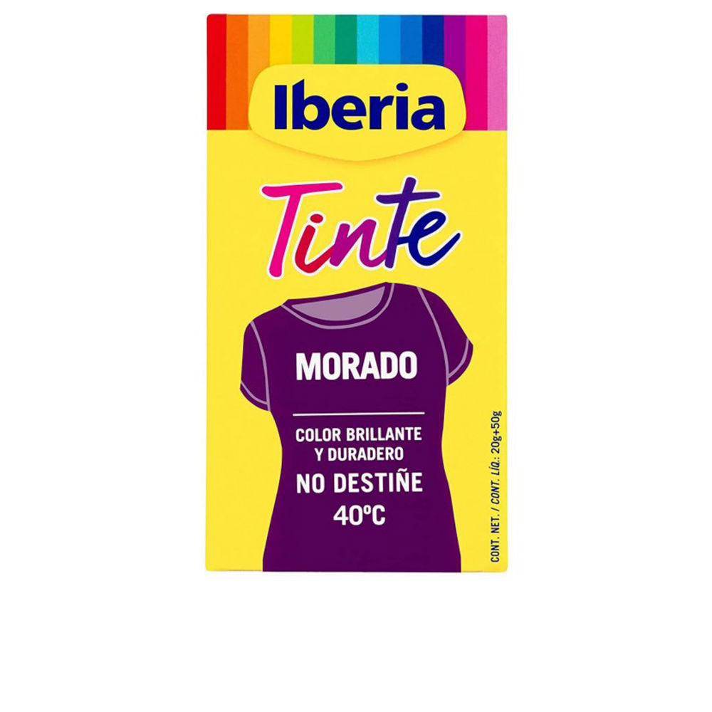 Iberia Small bottle of violet textile dye beside yellow and rainbow-dyed linen swatch and multicolored t-shirt illustration