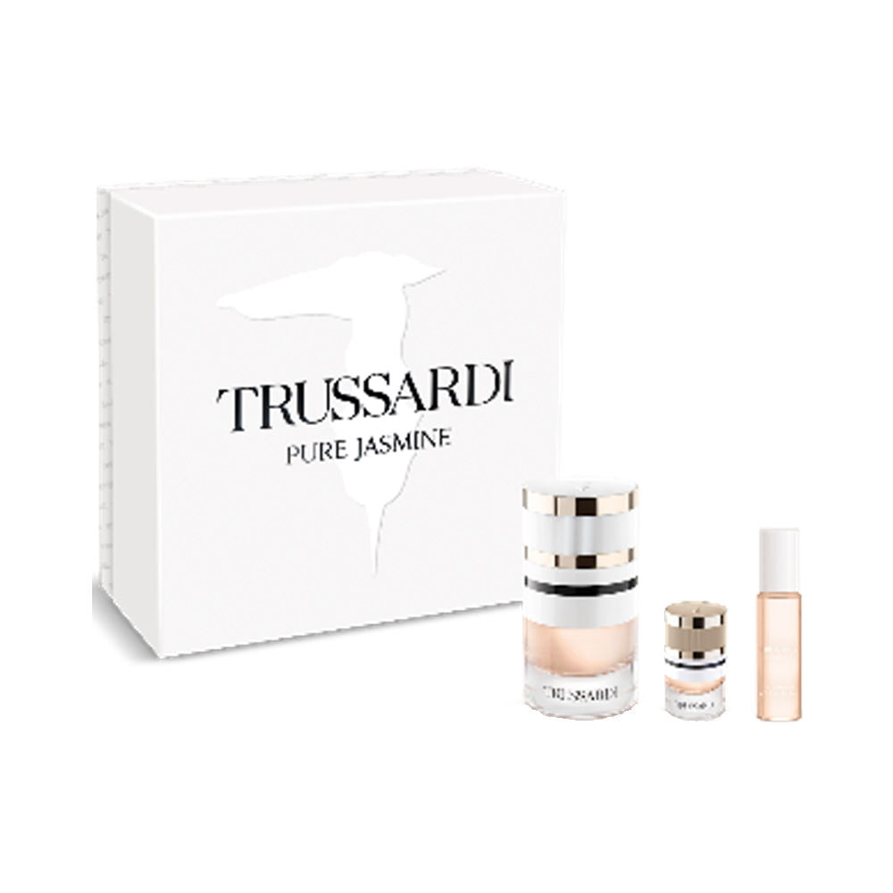 Three-piece Pure Jasmine perfume set with compact sprayers and floral packaging