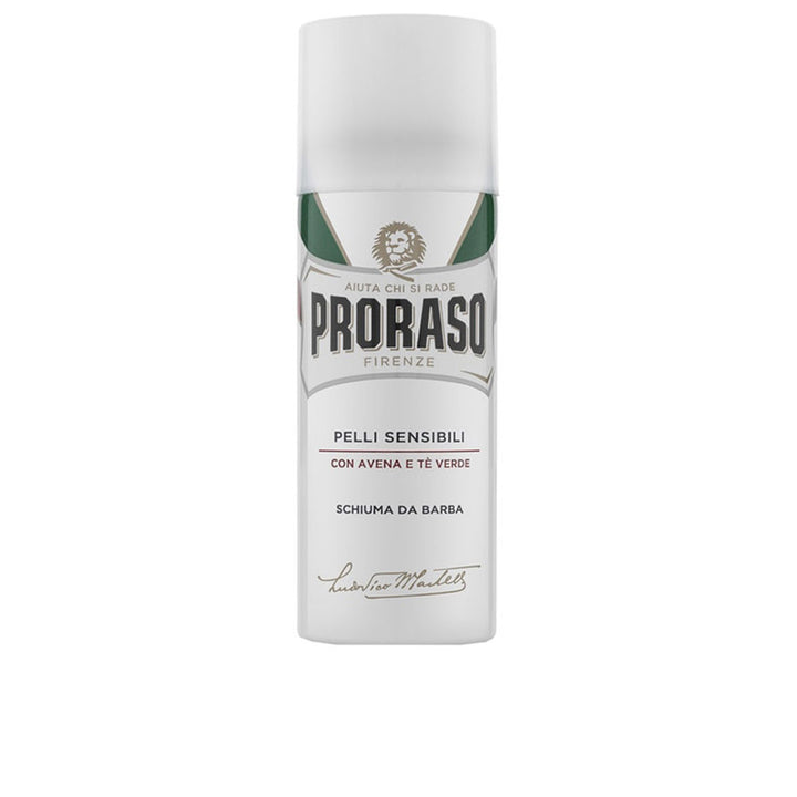 White shaving foam can with pump; avocado and green tea details