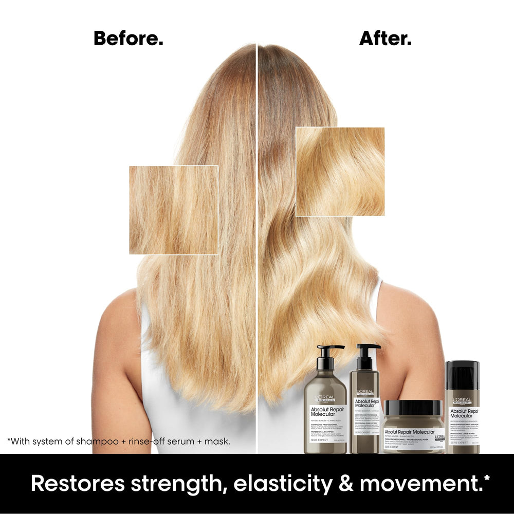Clear pump serum bottle labelled Repairing Molecular, 250 ml, for damaged hair