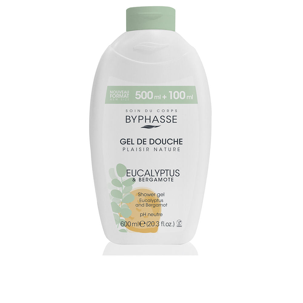 Byphasse White plastic shower gel bottle with light green cap, leaf graphic, measurement markings, minimalist labels