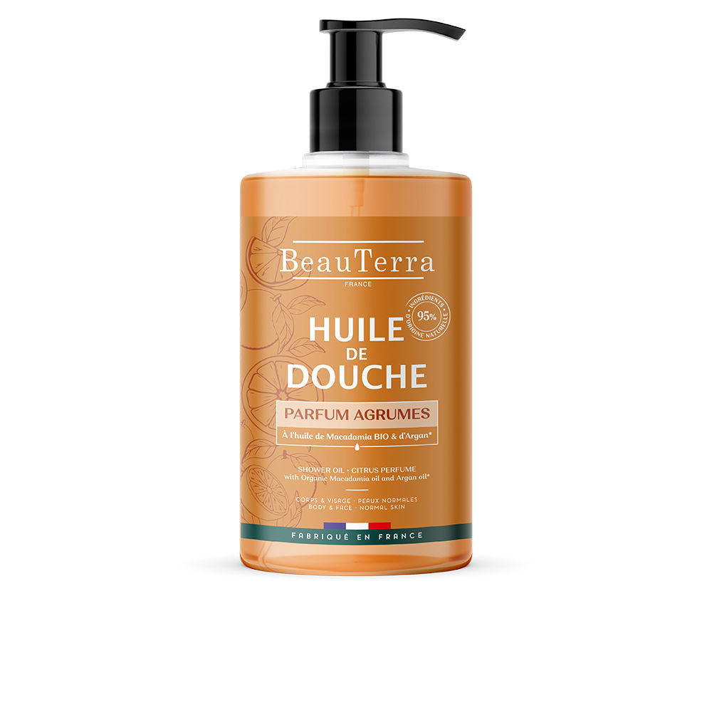 Tall 750 ml amber shower oil bottle with pump; citrus scent, argan and macadamia oils