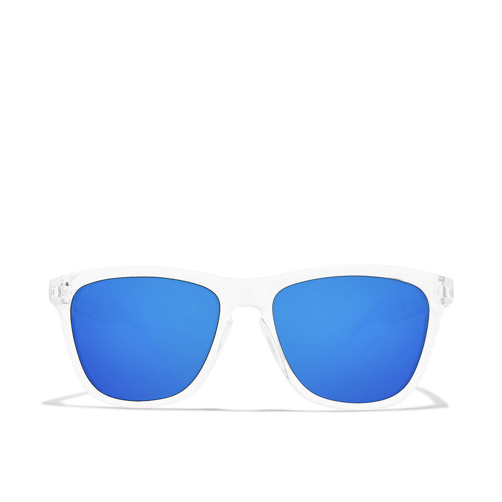 Unisex kids square sunglasses, transparent white-blue frame, polarised lenses