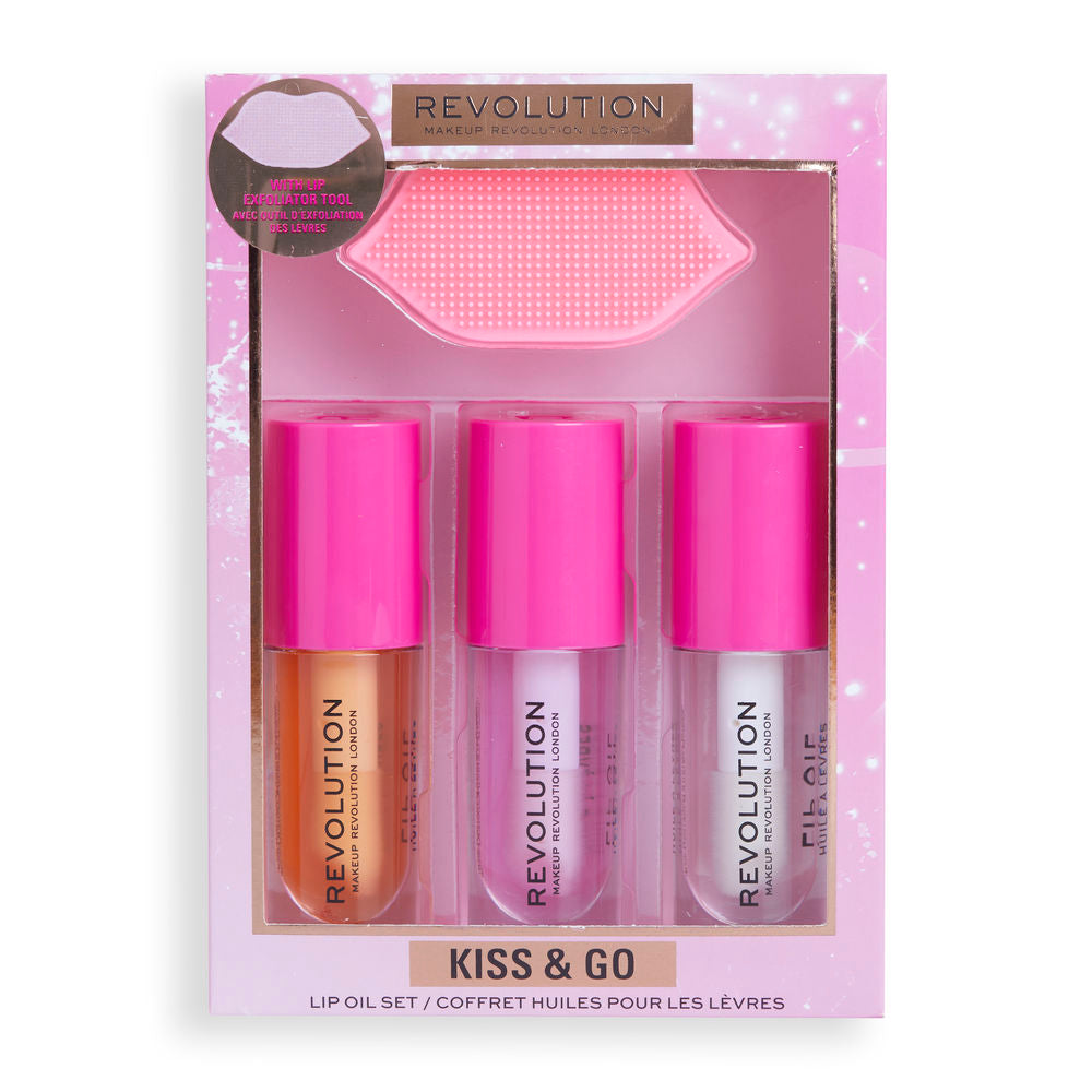 Revolution Make Up Three transparent lip oil bottles with pink caps, lip-shaped exfoliator, playful pink-orange-purple packaging — Elliejules