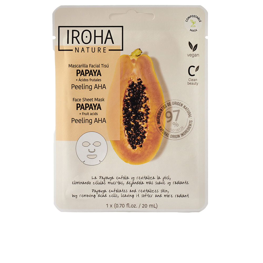 Single compostable sheet mask sachet; papaya extract, AHA resurfacing