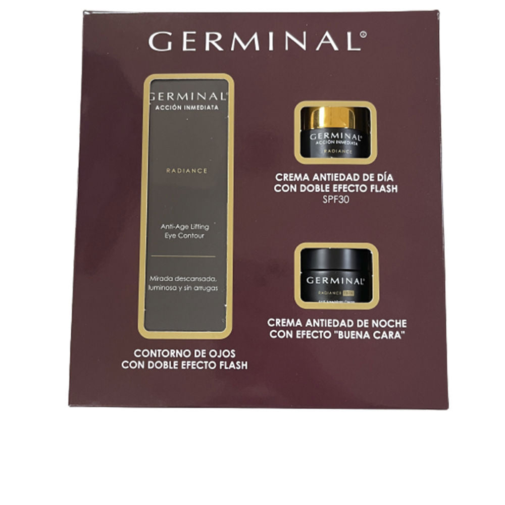 Germinal Dark brown, gold, and black anti-aging cream set in cardboard packaging with window cutouts showing containers