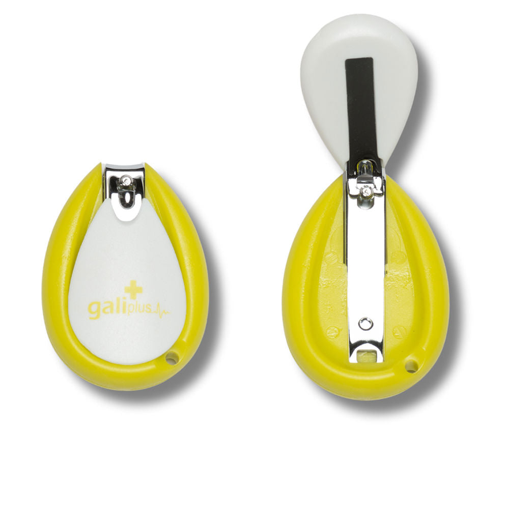 Galiplus Warm yellow teardrop-shaped plastic and metal baby nail clipper with keychain hole, stainless blades