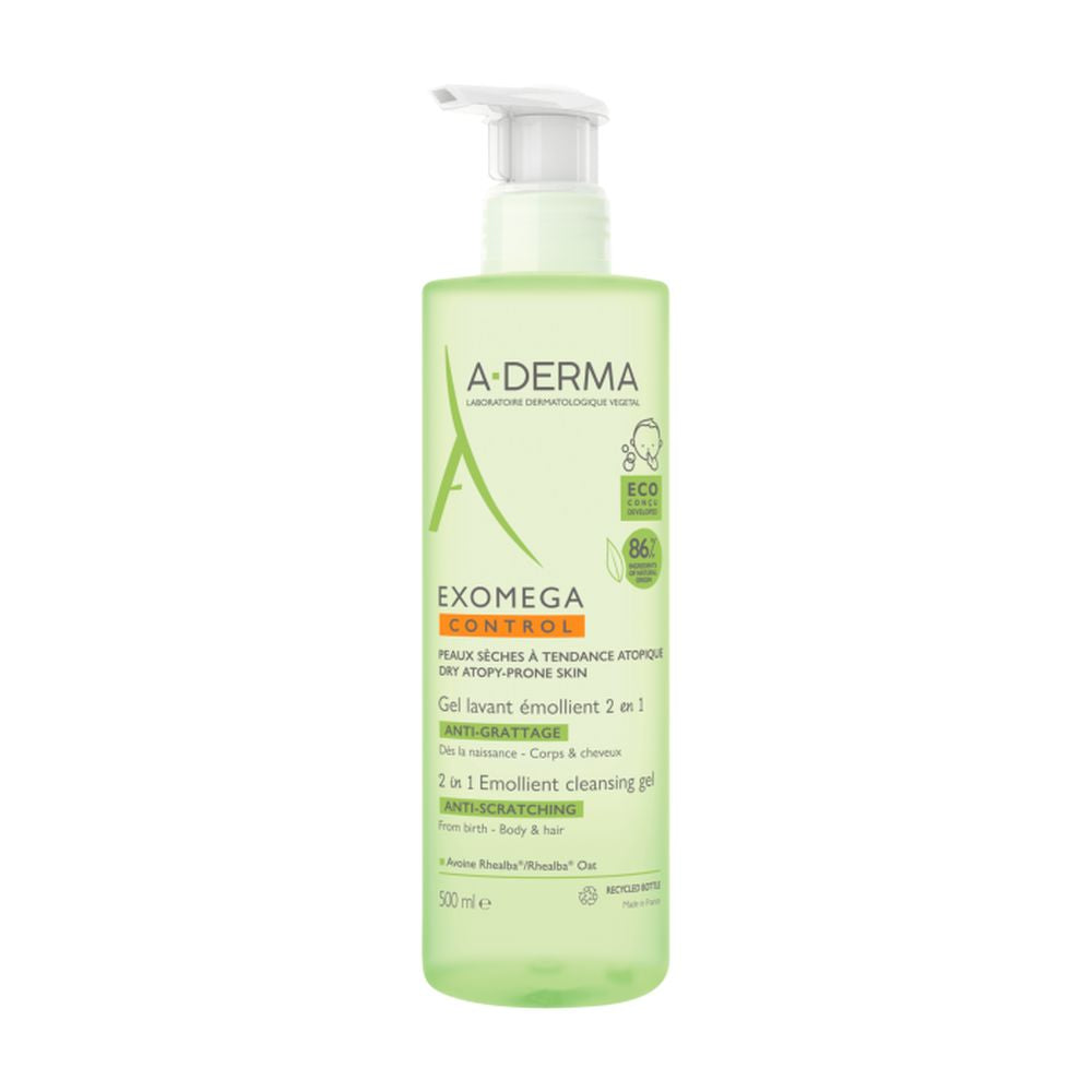 500 ml pale bottle of gentle 2‑in‑1 emollient cleansing gel for babies, oat extract