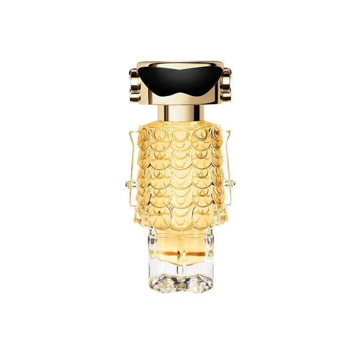 Gold-finish 50 ml Fame Intense EDP bottle, floral-woody fragrance for Women