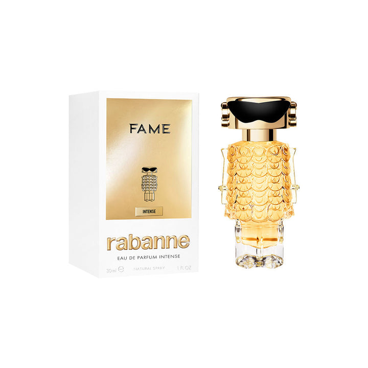 Gold-finish 50 ml Fame Intense EDP bottle, floral-woody fragrance for Women