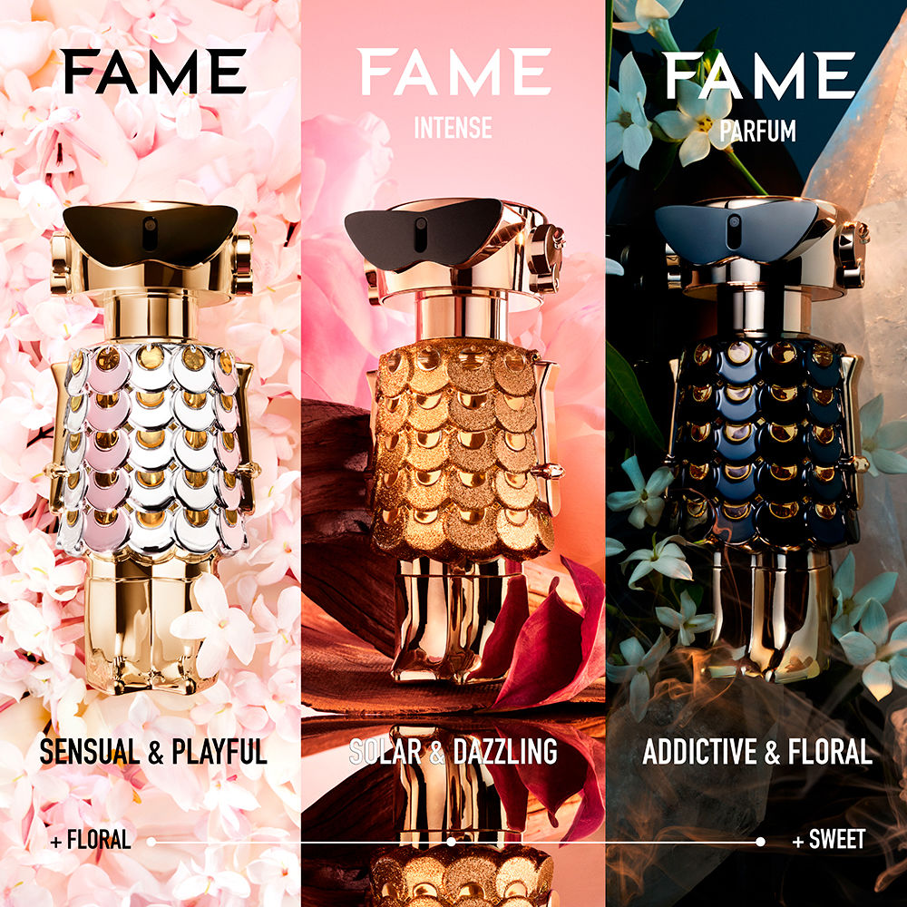 Gold-finish 50 ml Fame Intense EDP bottle, floral-woody fragrance for Women