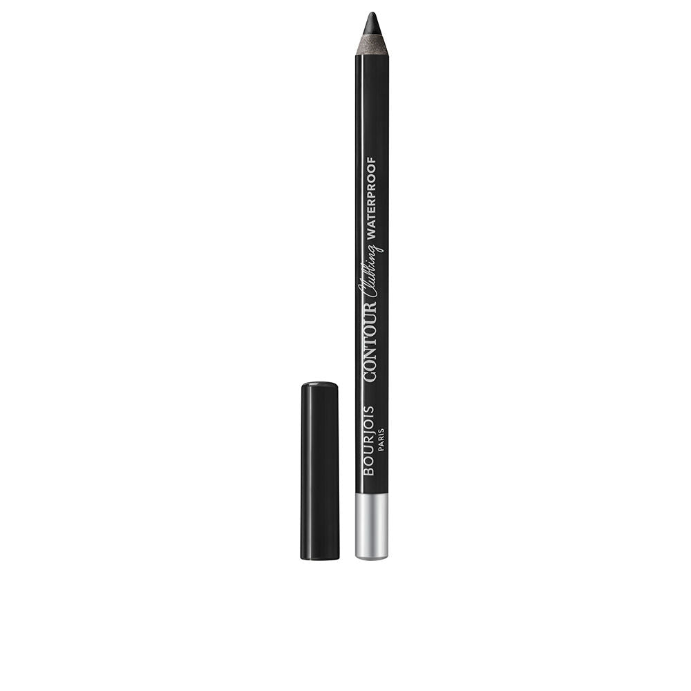 Slim black eyeliner pencil with pointed tip, removable cap, silver base and white printed text — Bourjois