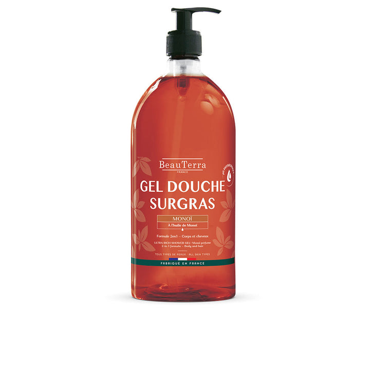Bottle of Beauterra Monoi shower gel for body and hair, soap-free, natural formula