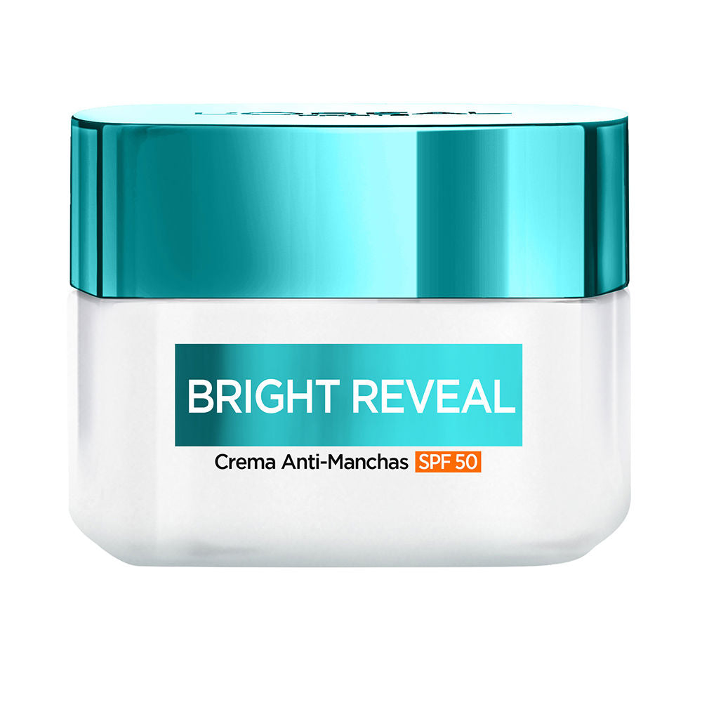 White and turquoise rectangular plastic jar with metallic turquoise lid, printed label showing SPF 50, L&